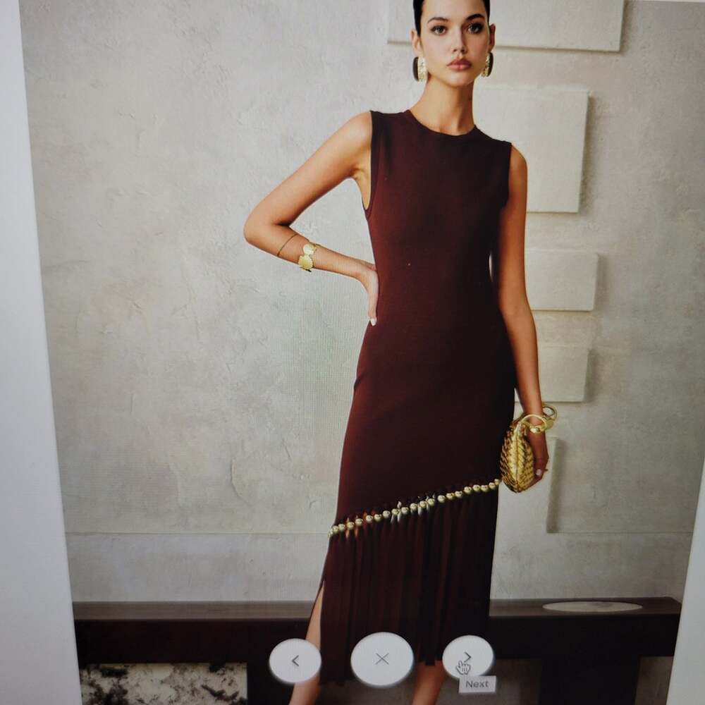 NWT Commense Asymmetric Fringe Metal Bead Detail Maxi Dress Sz XL